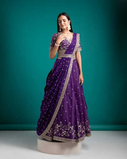 Regal Violet Draped Lehenga Set