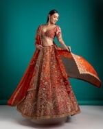 Crimson and Orange Embroidered Bridal Lehenga