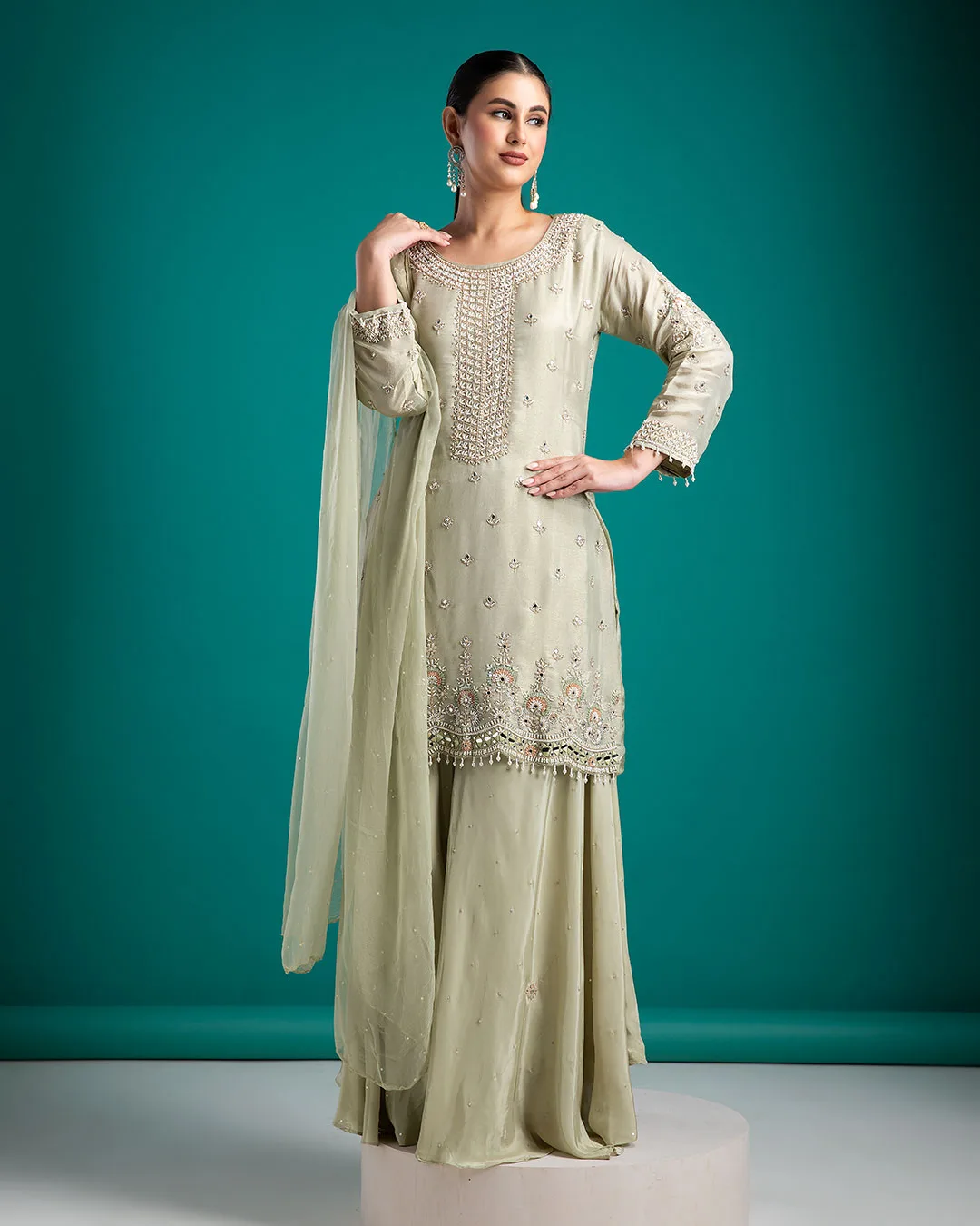 Sage Green Embroidered Kurta with Sharara Set