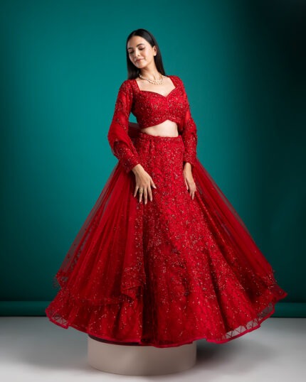 Ruby Red Embellished Lehenga with Exquisite Detailing