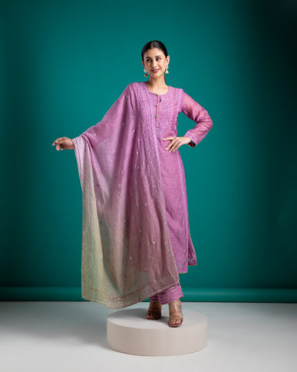 Lavender Embroidered Kurta Set with Dupatta