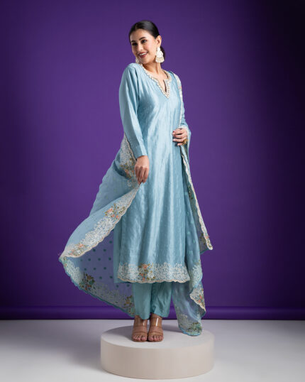 Powder Blue Embroidered Kurta Set with Dupatta