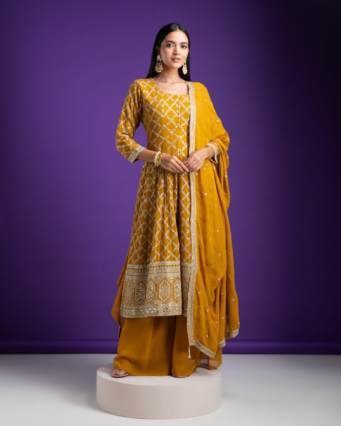 Mustard Yellow Georgette Embroidered Suit Set