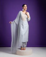 Serene Grey Kurta Set with Embellished Neckline