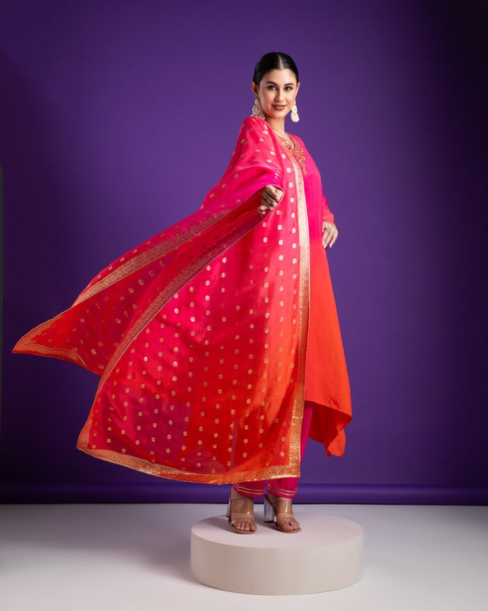 Pink and Orange Asymmetric Kurta Set