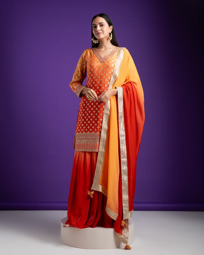 Vibrant Orange and Red Sharara Set