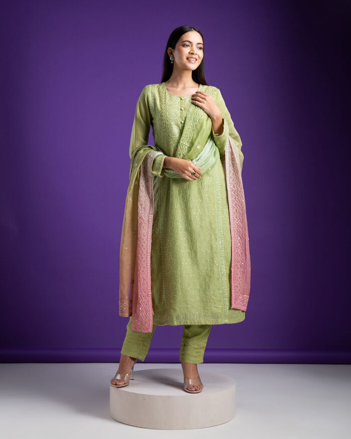 Pistachio Green Embroidered Chanderi Kurta Set