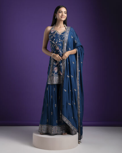 Elegant Indigo Blue Halter Neck Sharara Set