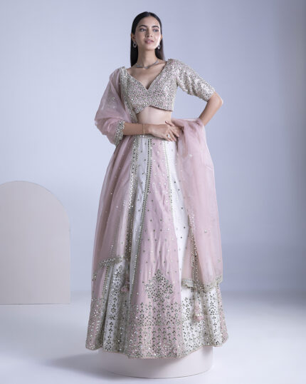 Ivory and Blossom Pink Silk Lehenga Set