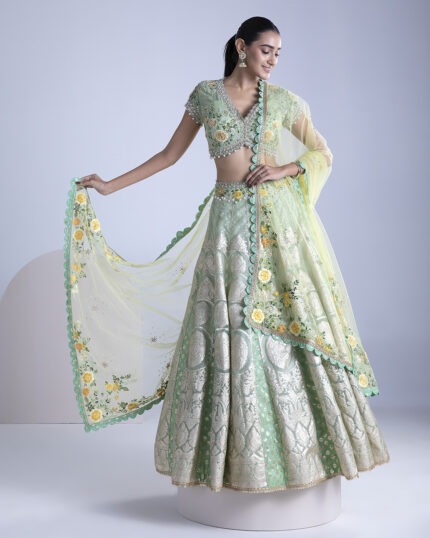 Green Banarasi Silk Lehenga Set