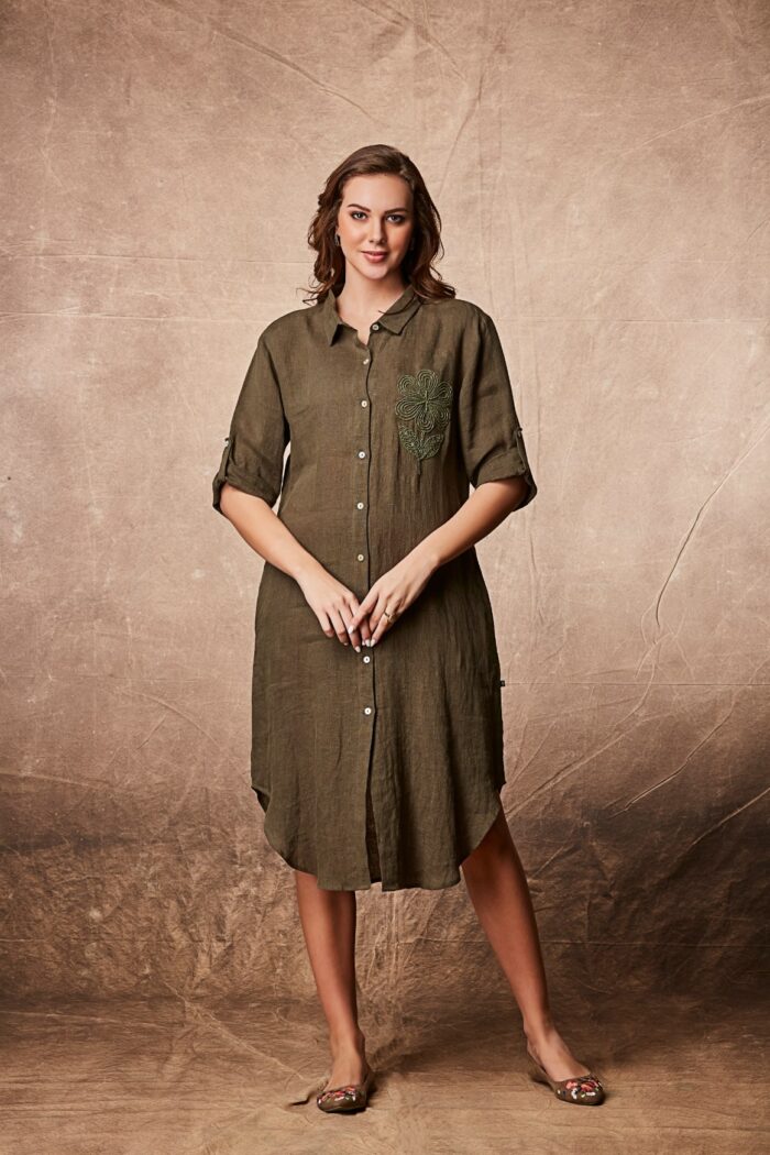 Olive Green Button-Down Shirt Dress