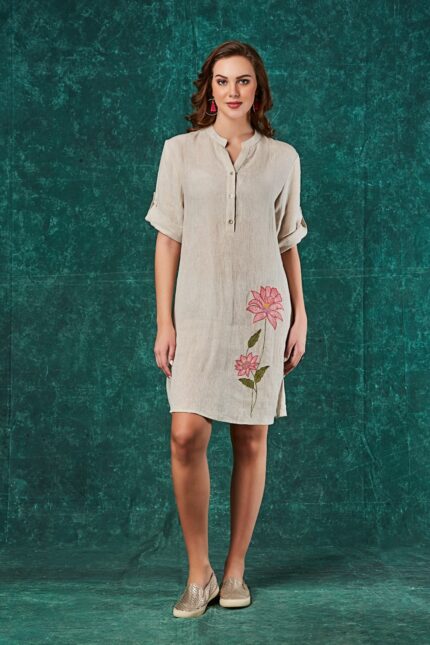 Chic Beige Floral Embroidered Dress