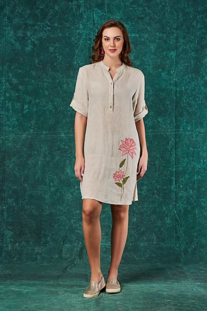 Chic Beige Floral Embroidered Dress