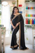 Black Satin Saree with Zardosi and Sequins Motif Blouse