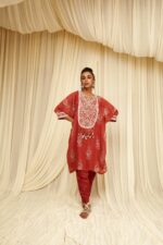 Deep Orange Chanderi Ikkat Print Kaftan Set