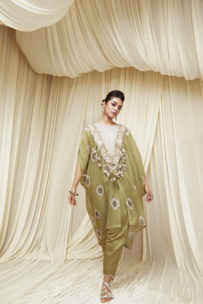 Lime Green Chanderi Ikkat Print Kaftan Set