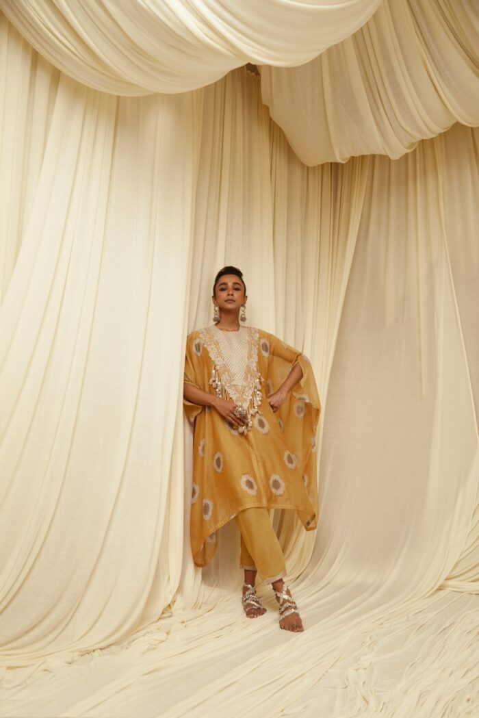 Mustard Chanderi Ikkat Print Kaftan Set