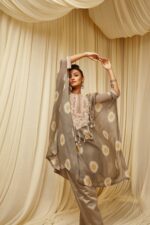 Smoke Grey Chanderi Ikkat Print Kaftan Set