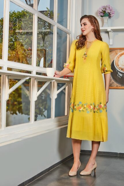 Sunny Yellow Floral Embroidered Midi Dress