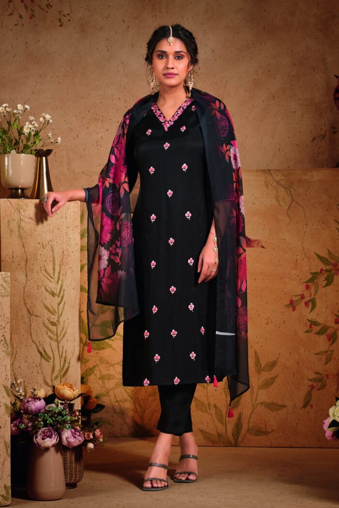 Navy Blue Kurta Set with Delicate Floral Embroidery and Printed Dupatta