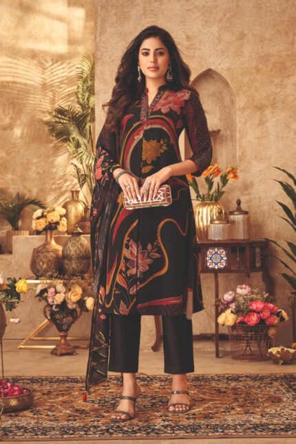 Black Floral Printed Georgette Silk Kurta Pants Set