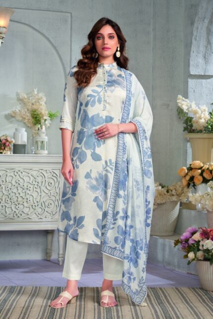 Cream and Blue Floral Printed Kurta Set with Dupatta