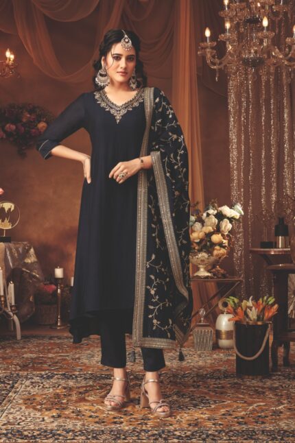 Navy Blue Embellished Raw Silk Kurta Pants Set