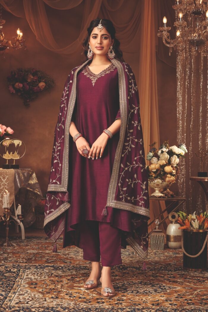 Wine Embellished Raw Silk Kurta Pants Set