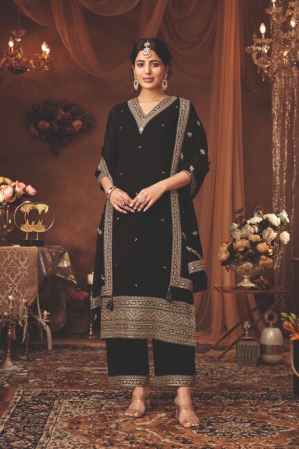 Black Embroidered Kurta Set with Intricate Golden Details