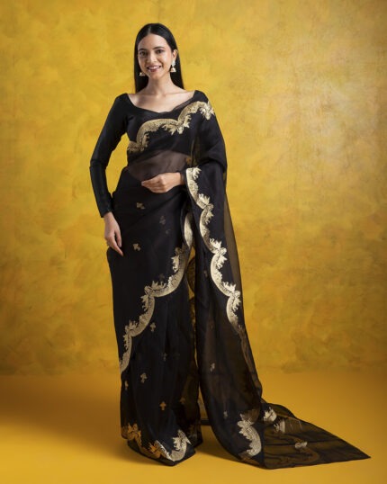 Black Banarasi Kora Silk Saree