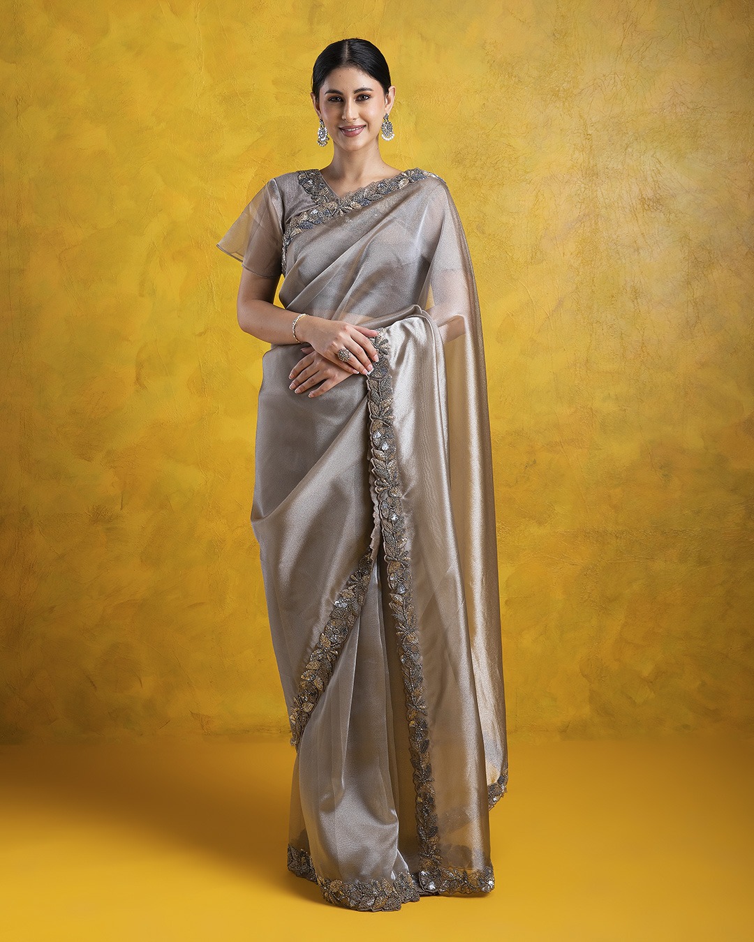 Ash Grey Shimmer Tissue Saree