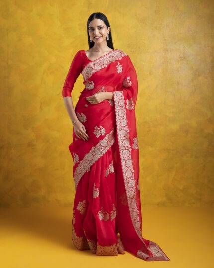 Red Organza Saree with All-Over Aari Floral Motif and Scallop Border