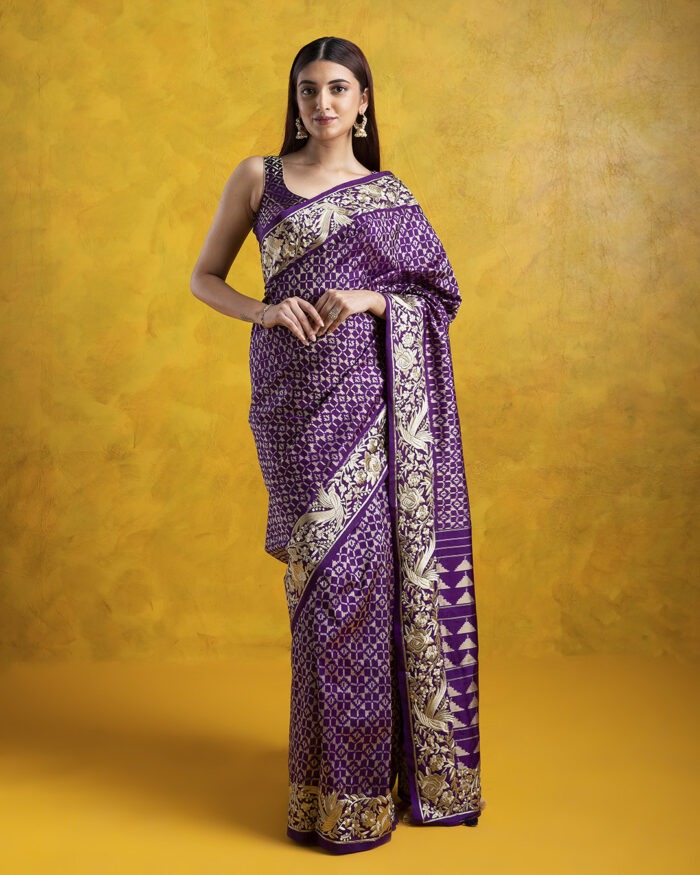 Purple Ikkat Silk Saree with Parsi Embroidery Border