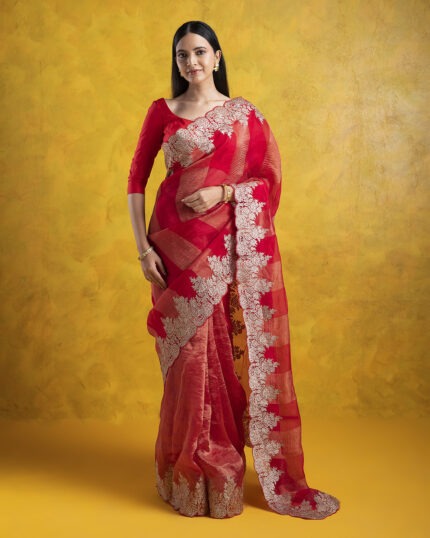 Red Organza Crush Saree