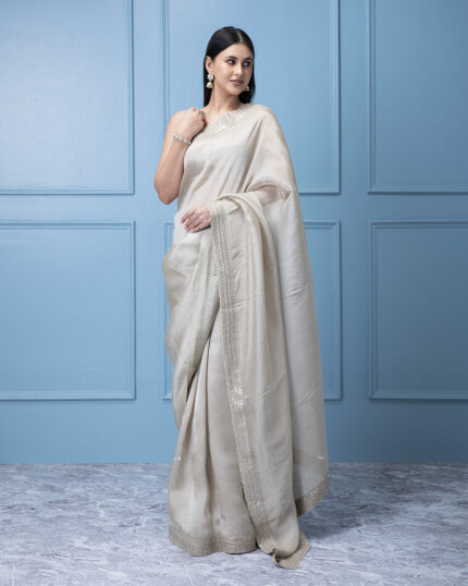 Silver Grey Georgette Tissue Saree