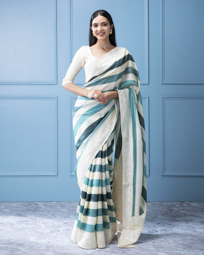 Dusty Green and White Striped Tussar Silk Saree