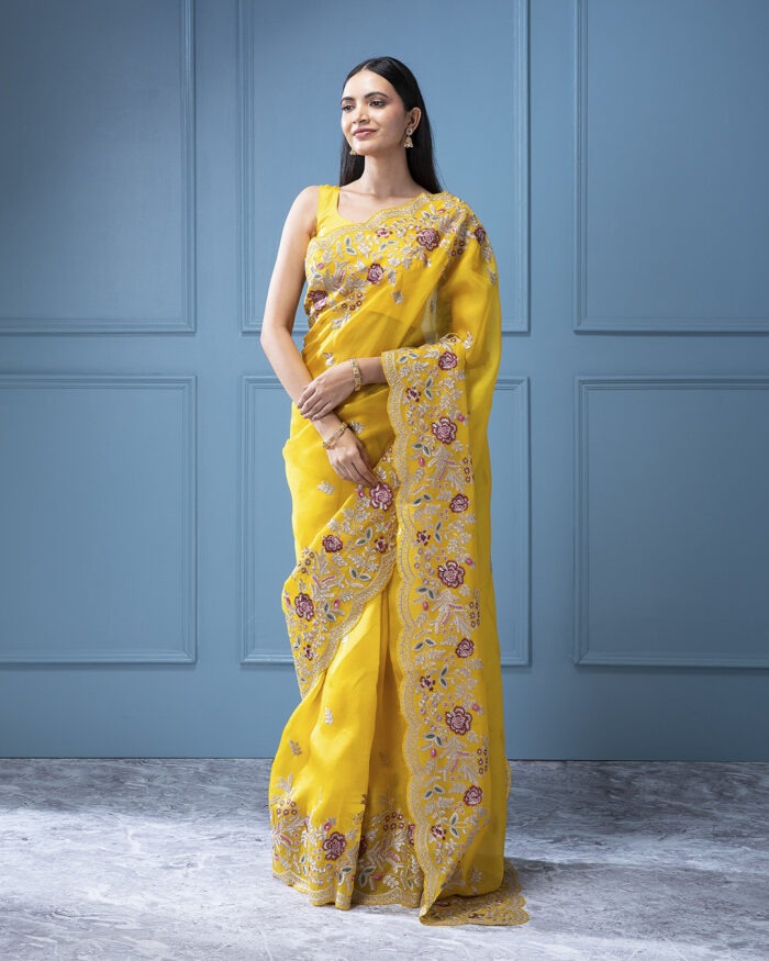 Yellow Organza Saree with Resham and Multi-Thread Embroidery