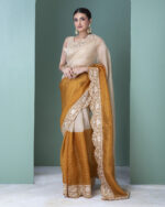 Off-White and Mustard Orange Organza Saree