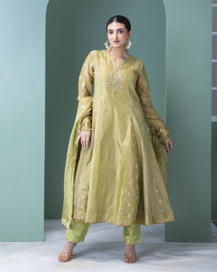 Sage Green Banarasi Tissue Anarkali Set